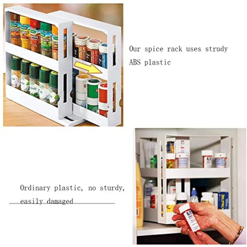 Spice Organizer Rack Multi-function 2 Tier Rotating Storage Shelf Slide Kitchen Cabinet Cupboard Organizer Kitchen Storage Rack