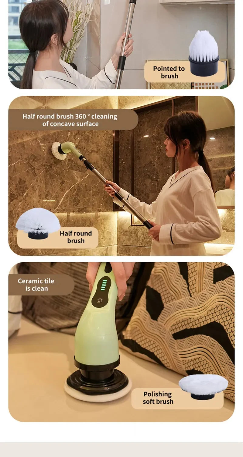 9 in 1 Electric Spin Scrubber Cordless Cleaning Brush Shower Scrubber Adjustable Extension Handle Waterproof For Tub Tile Floor