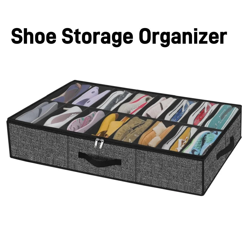 Shoe Storage Organizer box for Under Bed, Fit 12 Pairs, Collapsible Closet Underbed Shoes Container Bags with Reinforced Handles