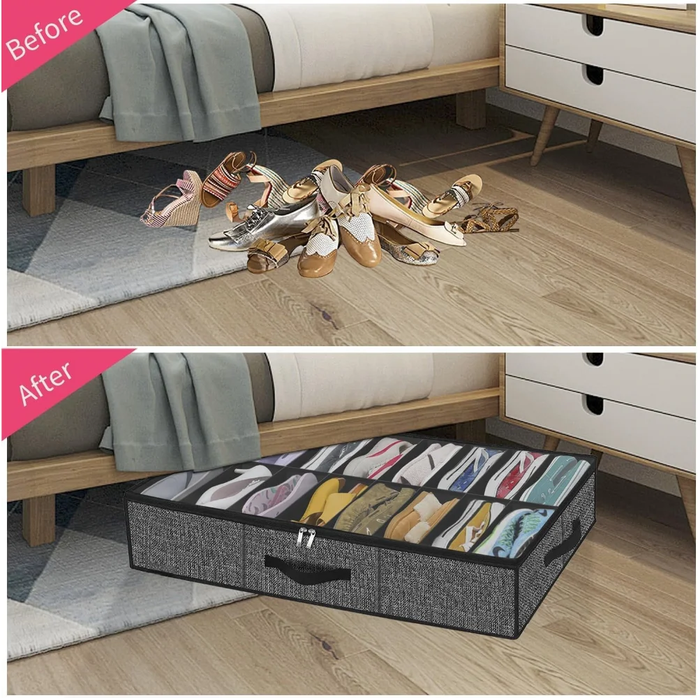 Shoe Storage Organizer box for Under Bed, Fit 12 Pairs, Collapsible Closet Underbed Shoes Container Bags with Reinforced Handles