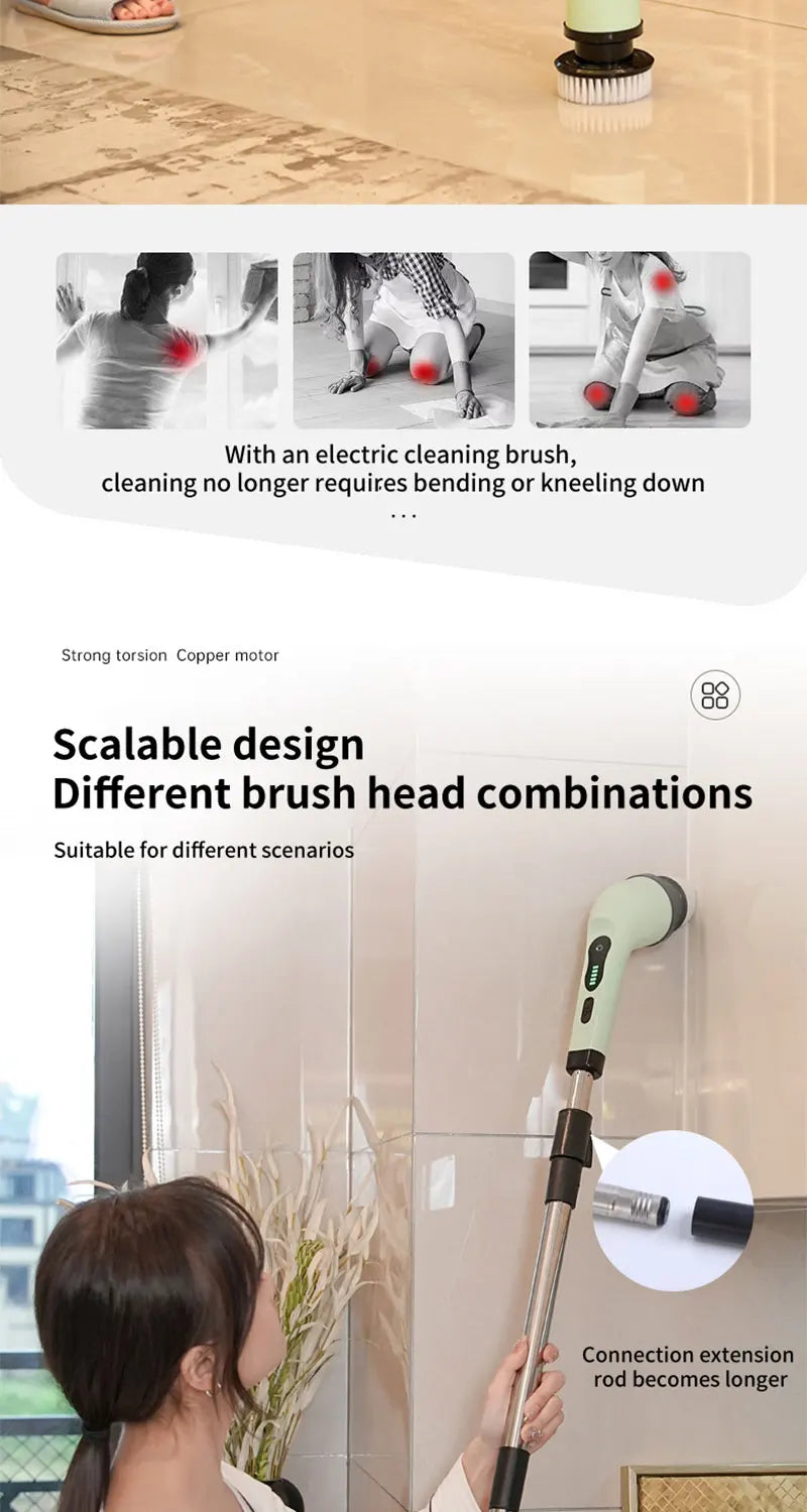 9 in 1 Electric Spin Scrubber Cordless Cleaning Brush Shower Scrubber Adjustable Extension Handle Waterproof For Tub Tile Floor